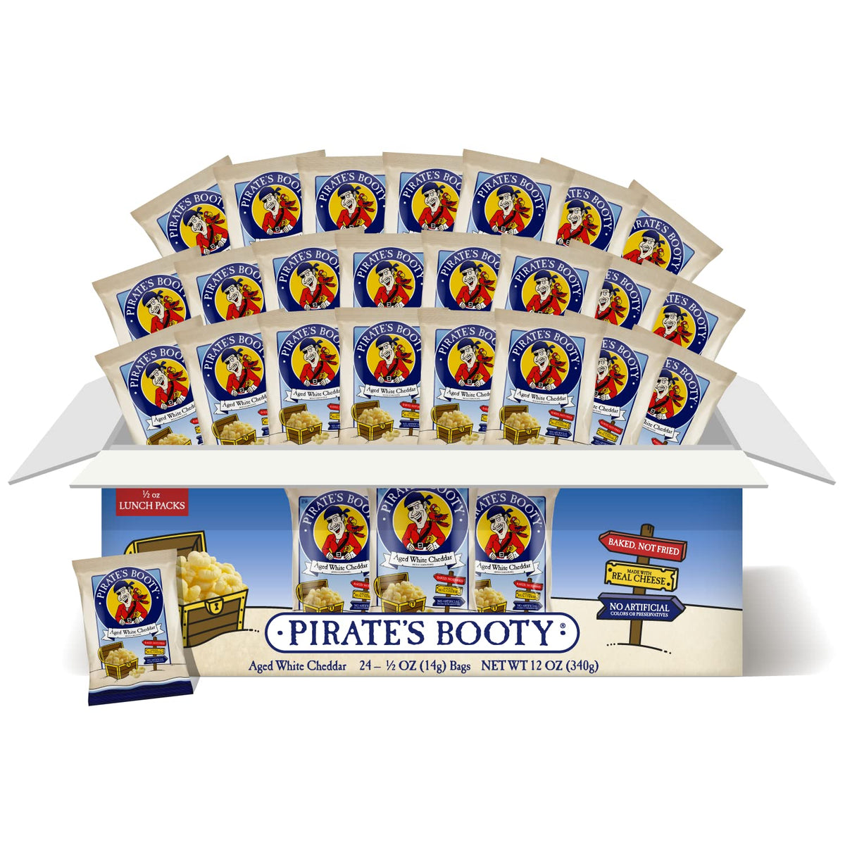 Pirate's Booty aged white cheddar snacks pack shot highlighting gluten-free, nut-free convenience.