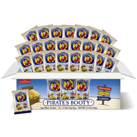 Pirate's Booty aged white cheddar snacks pack shot highlighting gluten-free, nut-free convenience.