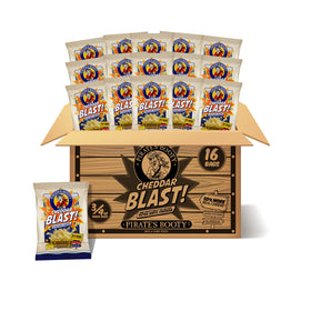 Pirate's Booty Cheddar Blast bag front with bright puffs, gluten-free snack for kids.