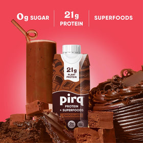 Pirq chocolate flavor dairy-free shake poured into a glass showing creamy texture