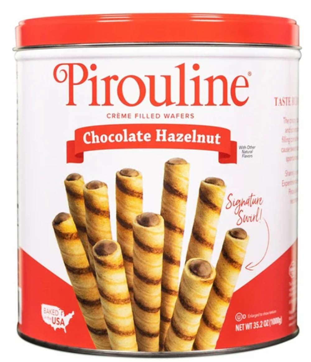 Pirouline creme-filled wafers showing crisp texture with hazelnut chocolate filling.