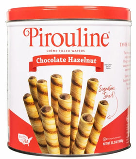 Pirouline creme-filled wafers showing crisp texture with hazelnut chocolate filling.