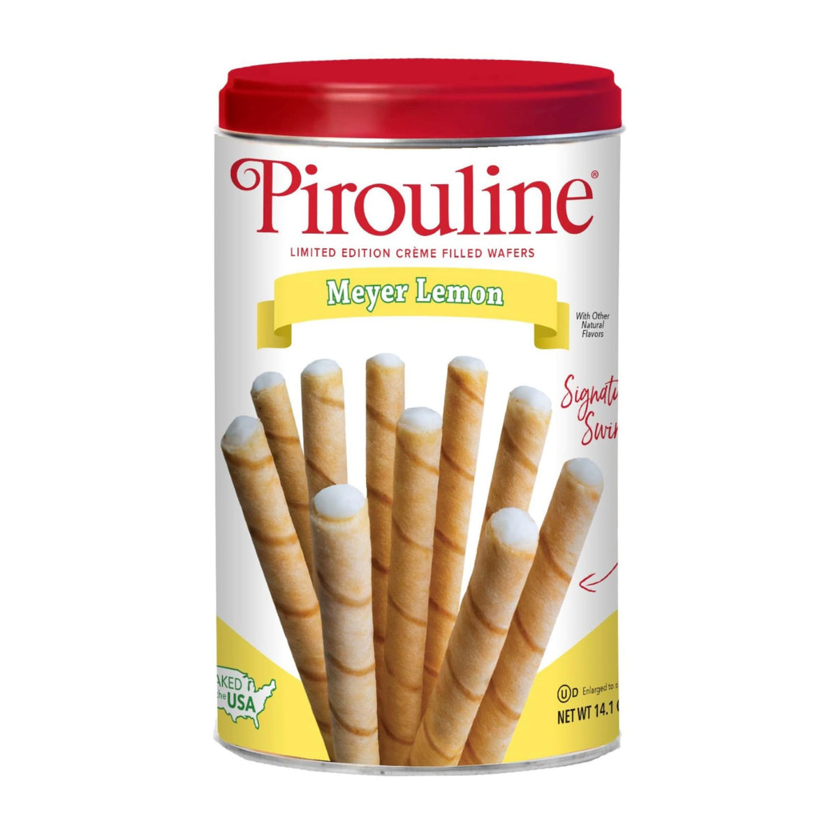 Pirouline Meyer Lemon creme filled wafers can front view, ideal for gifting and party spreads