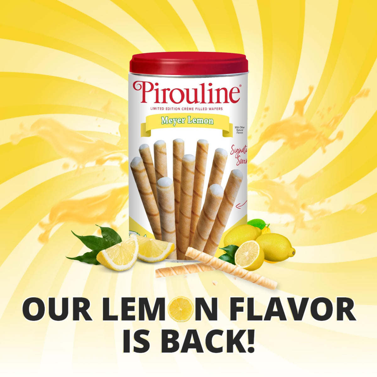 Pirouline Meyer Lemon wafers packaging closeup highlights the premium can design