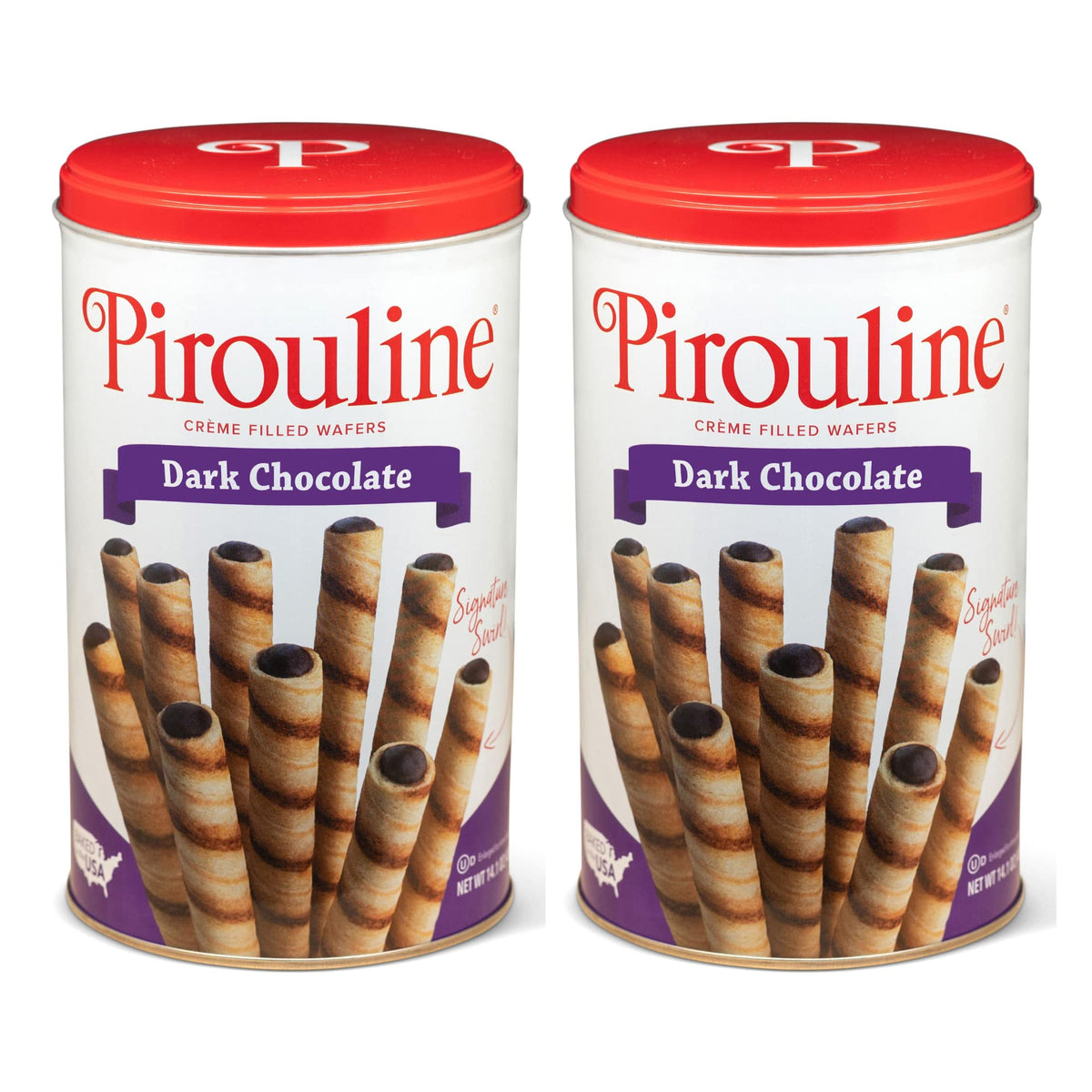 Pirouline dark chocolate rolled wafers in a reusable tin, ideal for gifting and snacking.