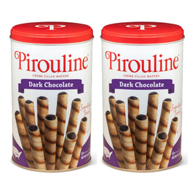 Pirouline dark chocolate rolled wafers in a reusable tin, ideal for gifting and snacking.