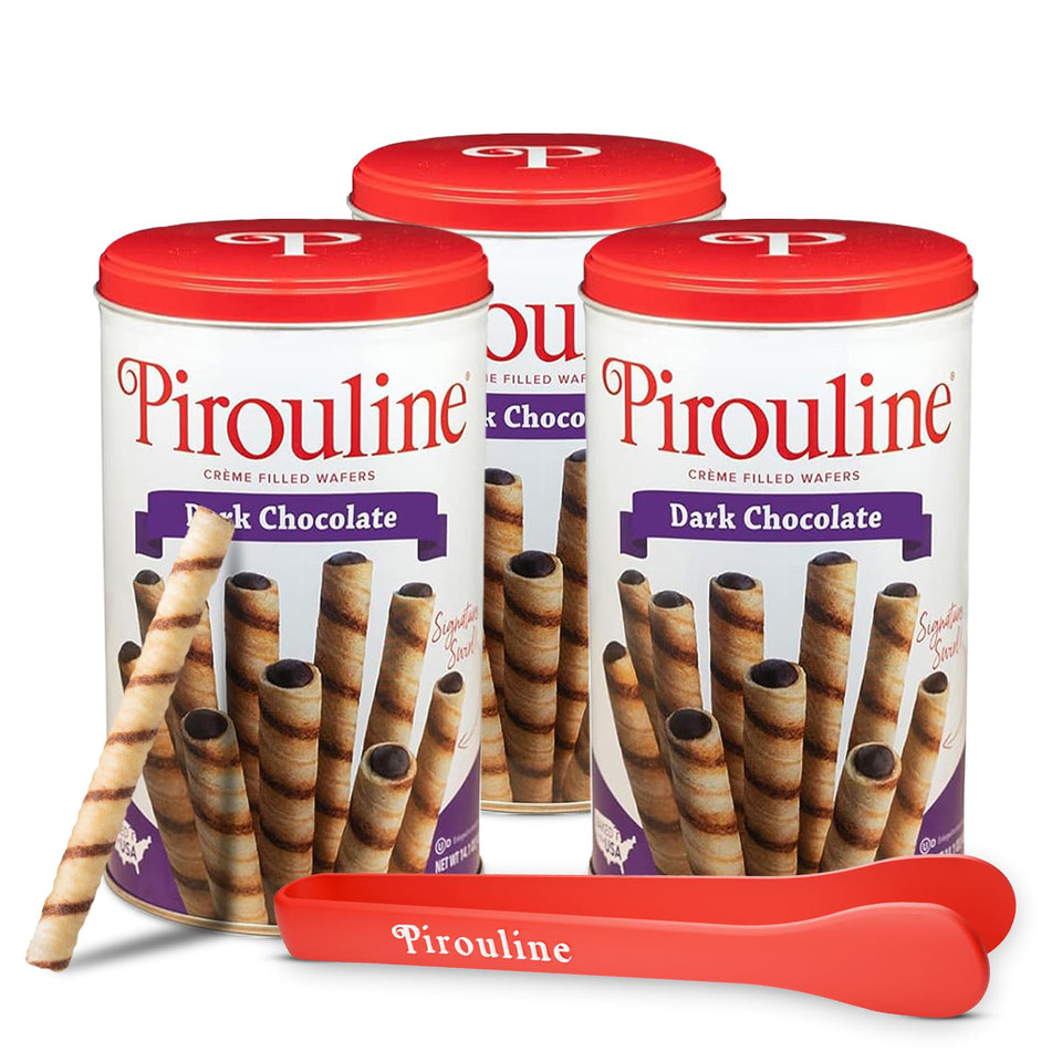 Pirouline dark chocolate wafers in tin for premium entertaining.