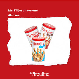Gift-ready Pirouline tin featuring dark chocolate rolled wafers.