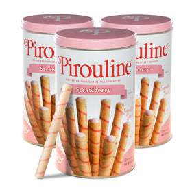 Pirouline strawberry rolled wafers in a reusable tin, crisp and perfect for sharing.