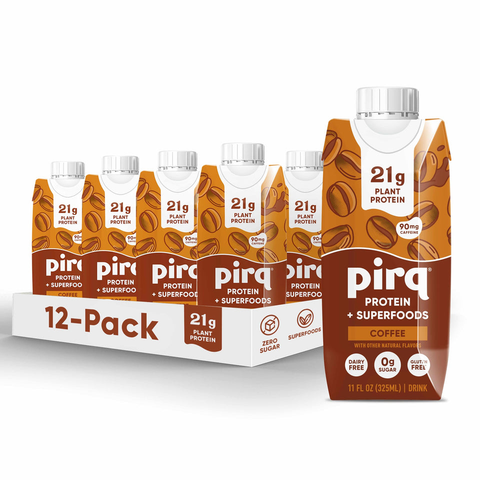 Pirq coffee 21g dairy-free protein bottle front highlights plant-based nutrition for on-the-go fueling