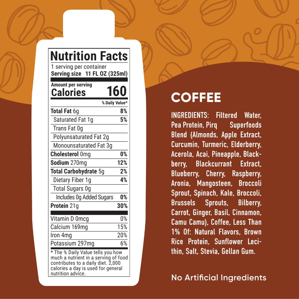 Pirq coffee 21g pour image shows a smooth shake ideal for post-workout recovery