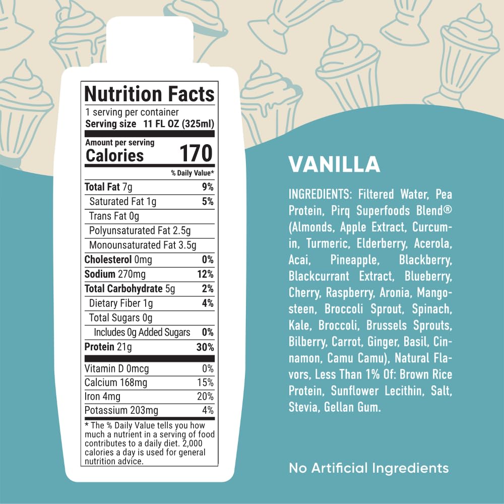 Pirq vanilla protein shake bottle emphasizes convenient dairy-free protein on the move.