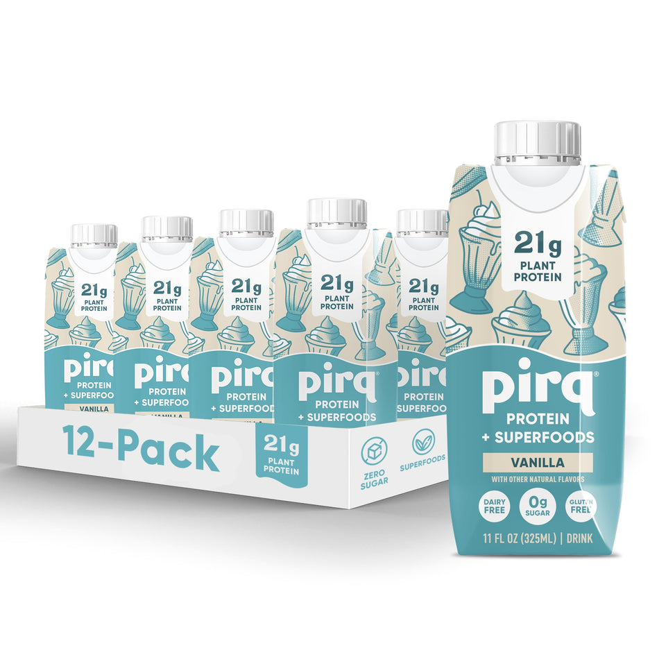 Pirq vanilla protein shake glass highlights smooth texture and on-the-go fueling.