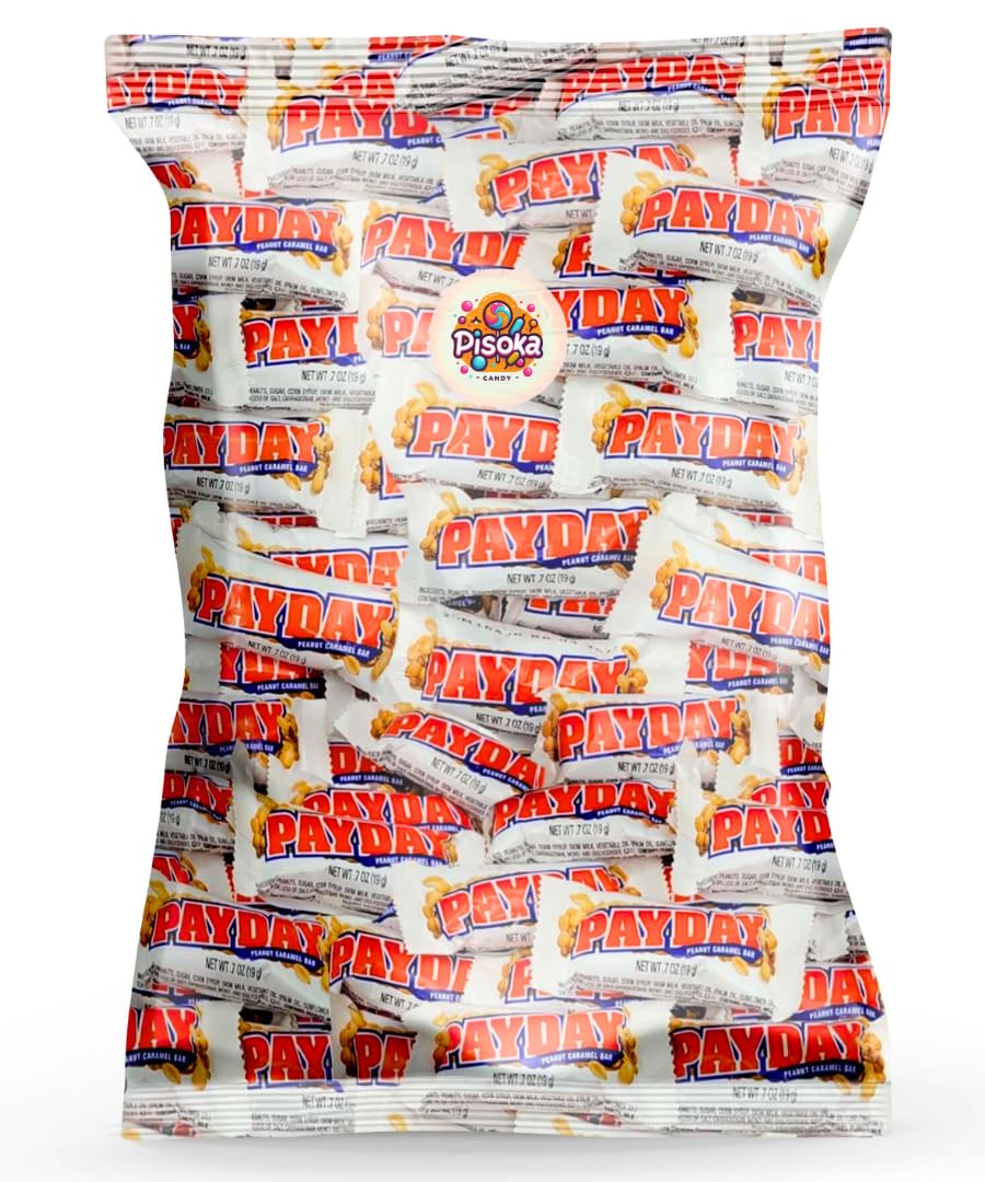 Pisoka Pay-Day peanut caramel bars in 40-count package, portable snack with a satisfying crunch.