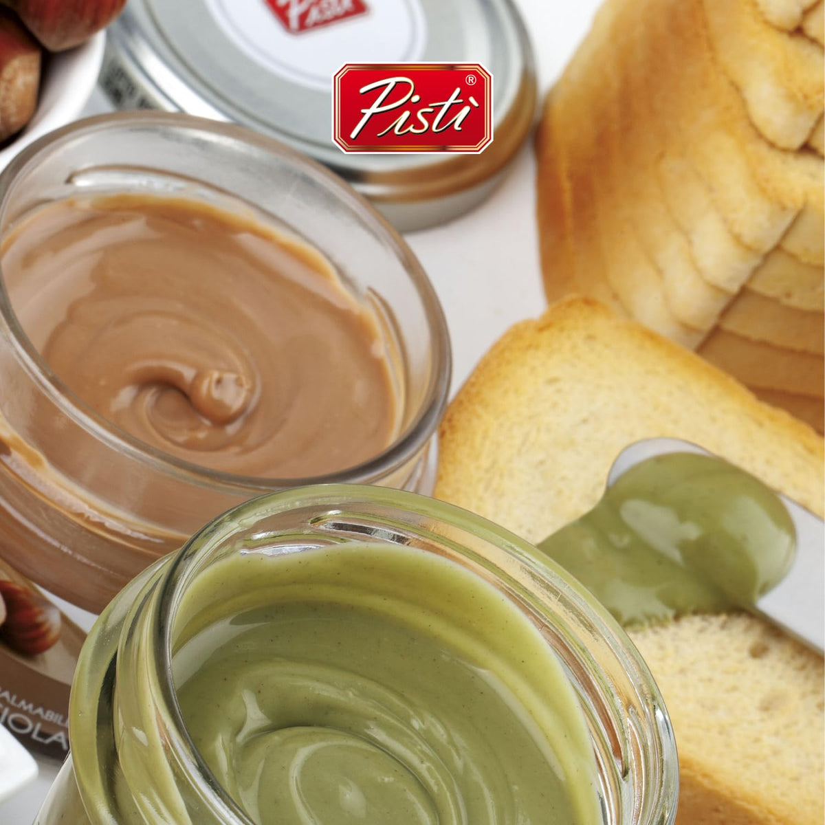 Pistì cream jar with pistachios backdrop, highlighting Sicilian ingredients