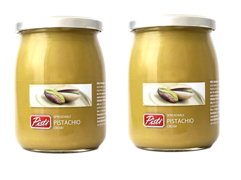 Pistì pistachio cream jar open showing creamy spread for toast