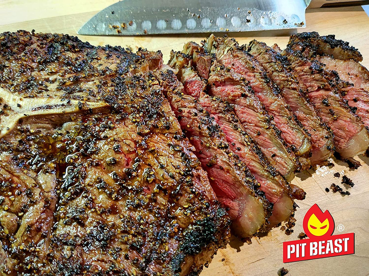 Pit Beast beef steak crust enhanced by coarse salt and pepper.
