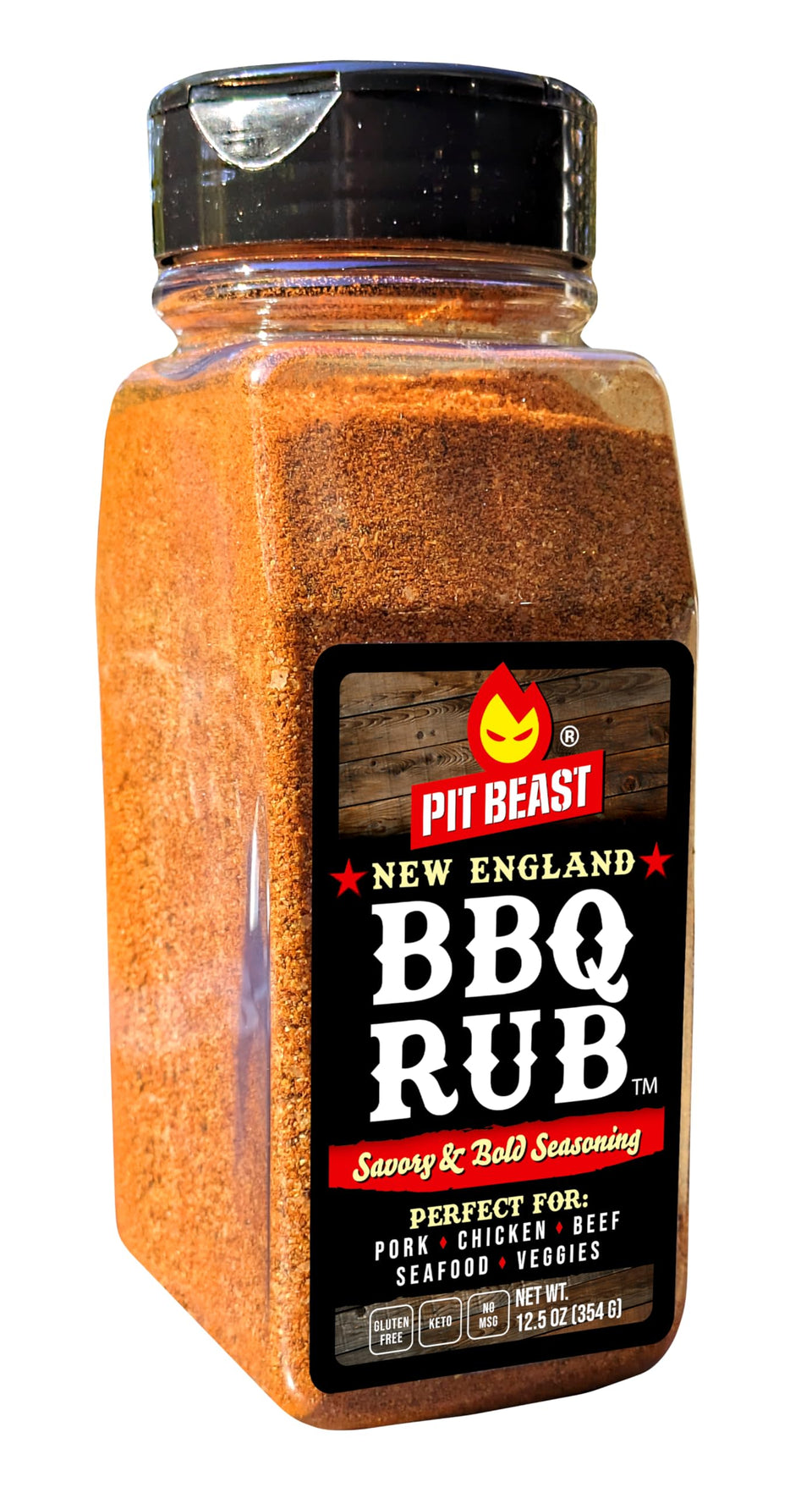 Pit Beast New England BBQ Rub bottle closeup highlighting bold flavor for grilling
