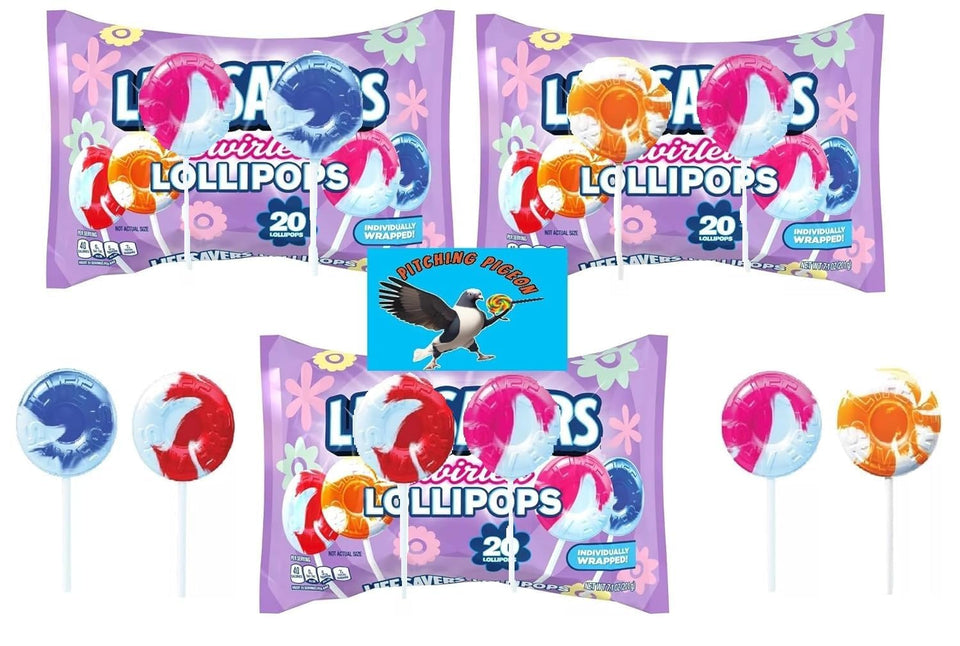 Pitching Pigeon Life Saver Swirl Lollipops packaging for sharing at events.