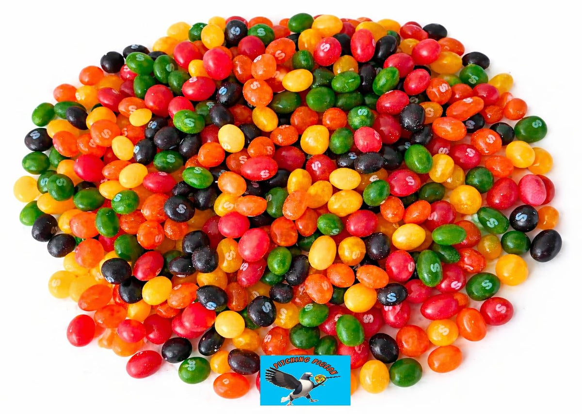Pitching Pigeon Rainbow Jelly Beans 30oz eggs display—colorful treats for egg hunts.