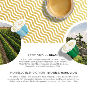 Piu Bello Lazio capsule delivers balanced taste with smooth finish.