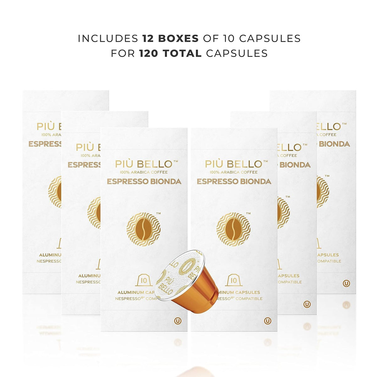 PIU BELLO Nespresso Original compatible capsules close-up showing brew potential