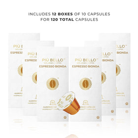 PIU BELLO Nespresso Original compatible capsules close-up showing brew potential