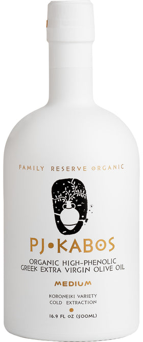 P.J. KABOS Fresh 2025/26 harvest bottle highlights premium Greek EVOO for finishing dishes.