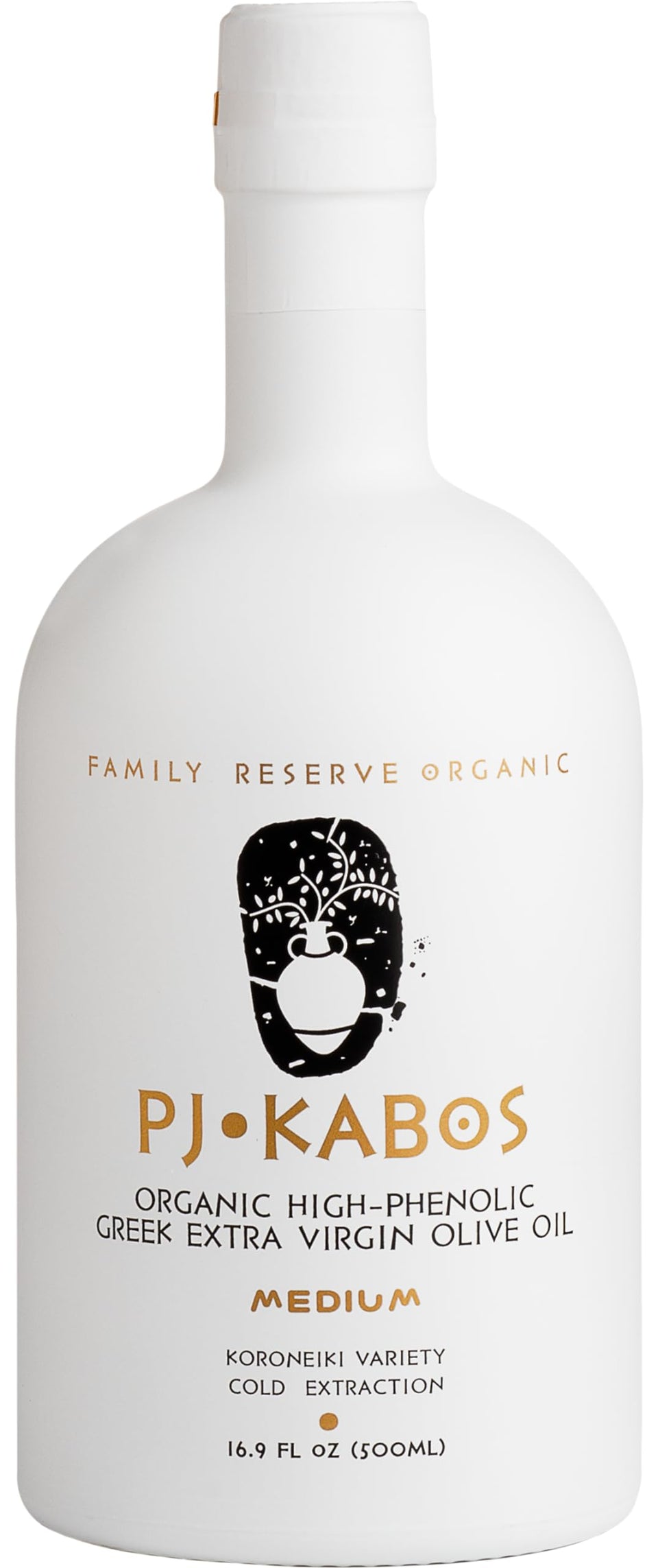 P.J. KABOS Fresh 2025/26 harvest bottle highlights premium Greek EVOO for finishing dishes.