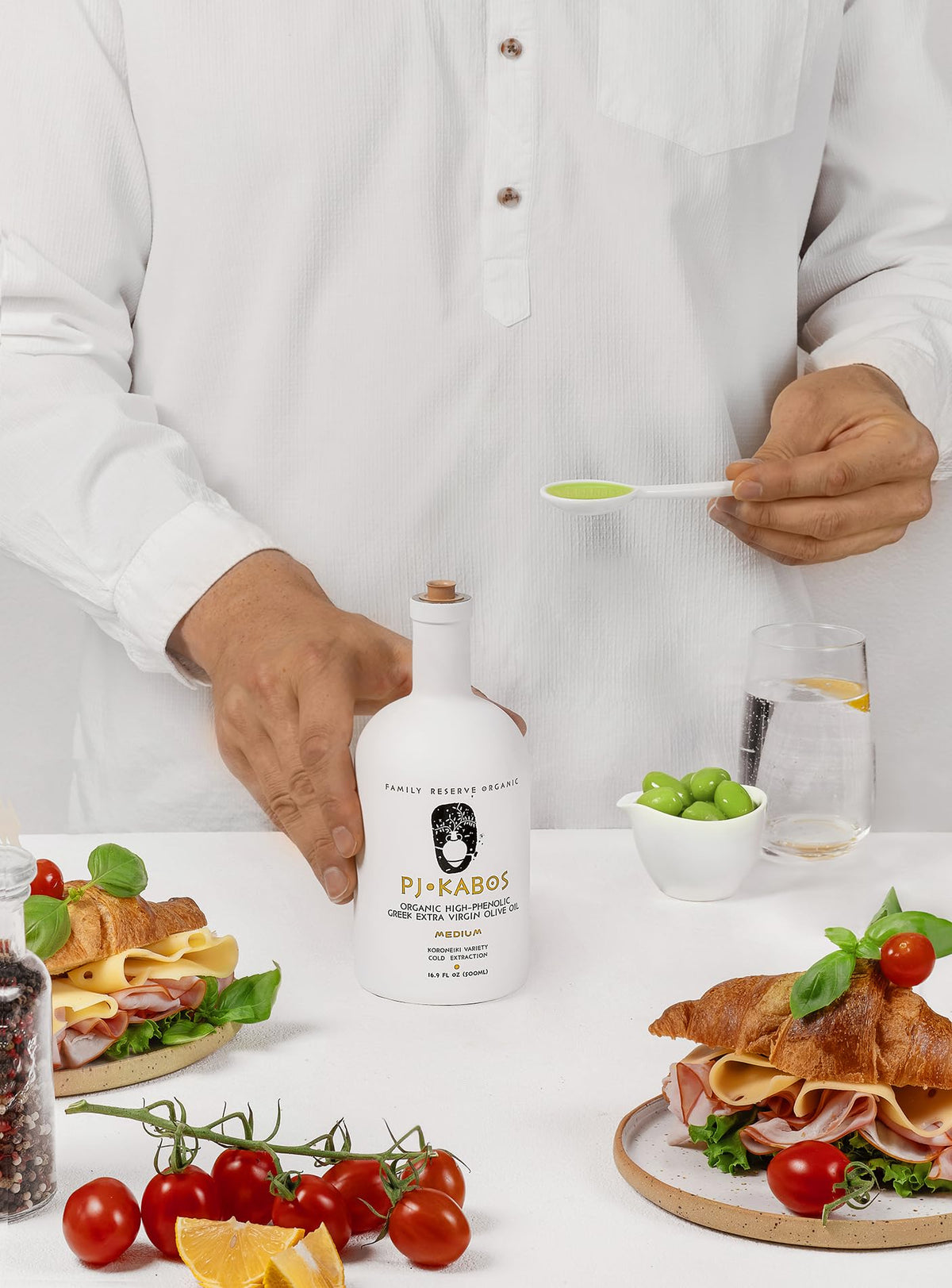 P.J. KABOS low acidity olive oil demonstrates high-heat cooking versatility.