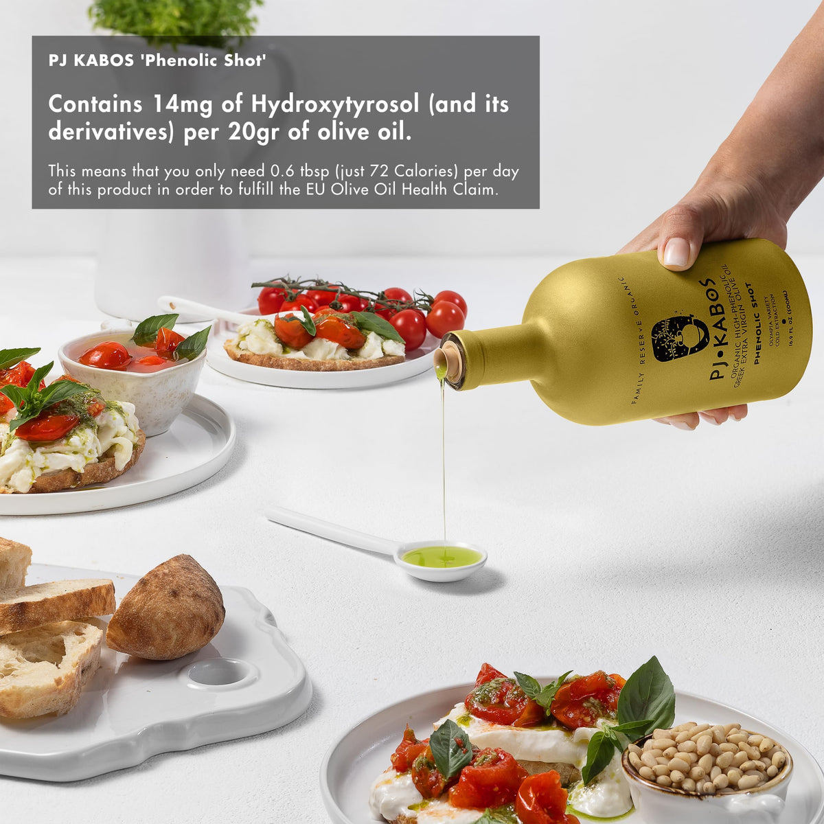 16.9oz bottle of P.J. KABOS olive oil ready for daily use.