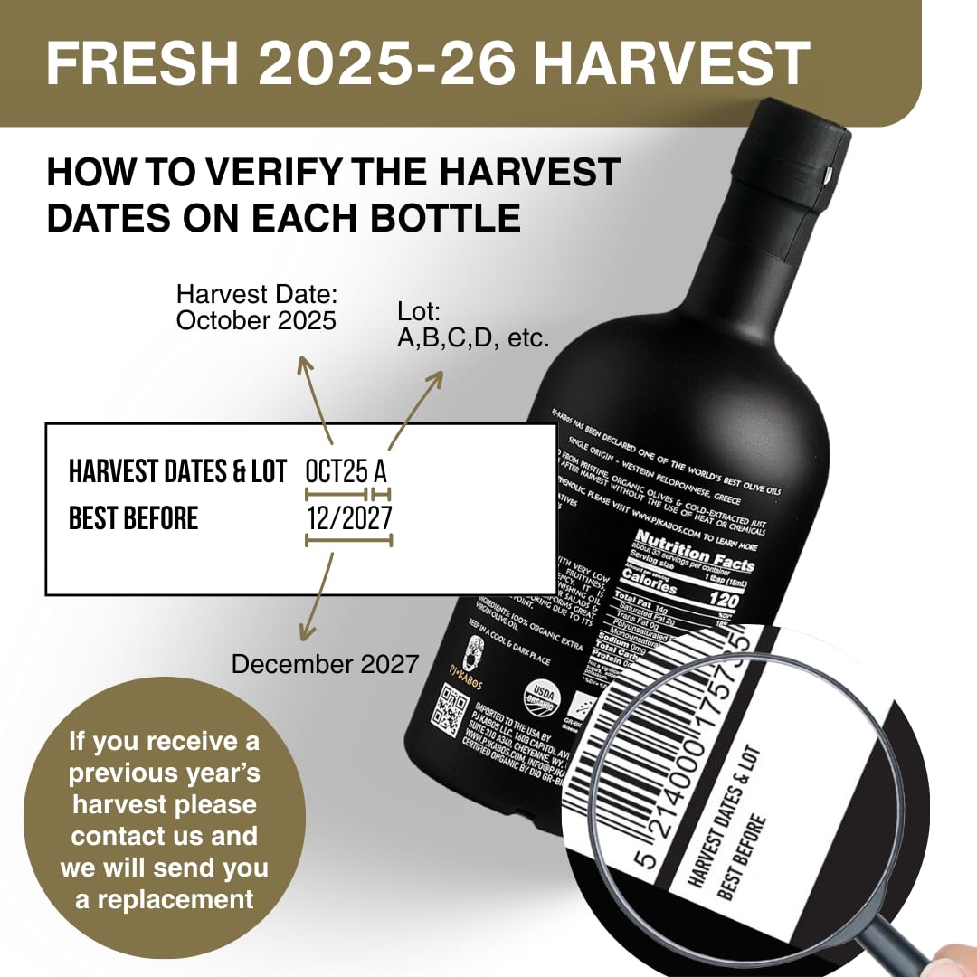 PJ KABOS Organic Greek olive oil label close-up showing certification