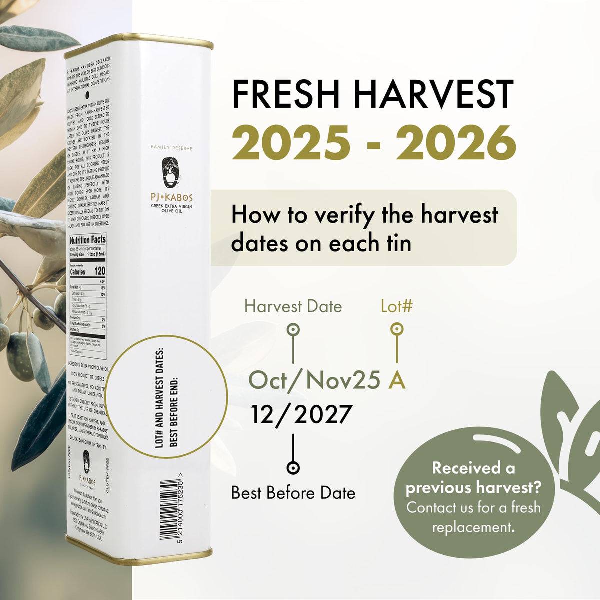 P.J. KABOS phenol-rich olive oil tin highlighting high polyphenol content