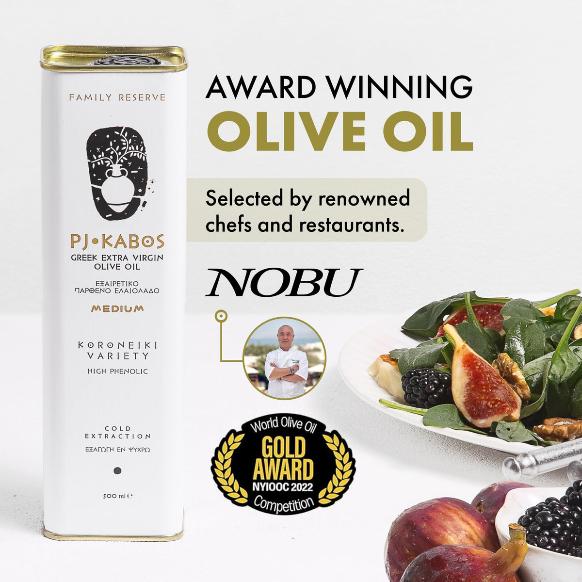P.J. KABOS versatile finishing and cooking olive oil in use