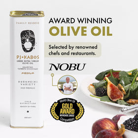 P.J. KABOS versatile finishing and cooking olive oil in use