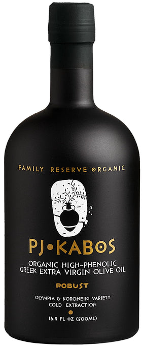 PJ KABOS very high phenolic olive oil bottle highlighting antioxidant-rich oil for cooking