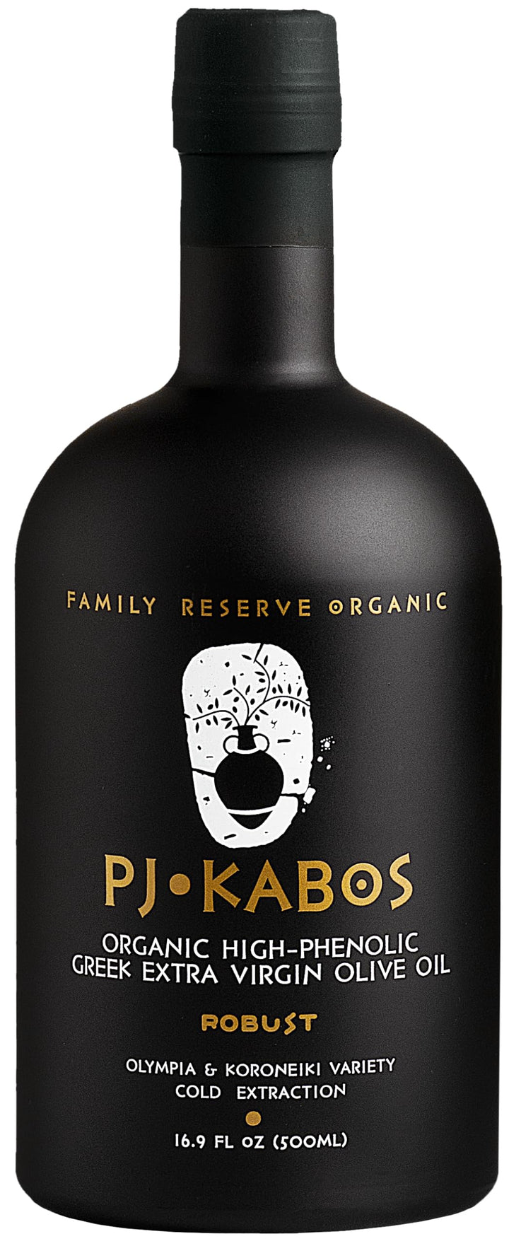 PJ KABOS very high phenolic olive oil bottle highlighting antioxidant-rich oil for cooking