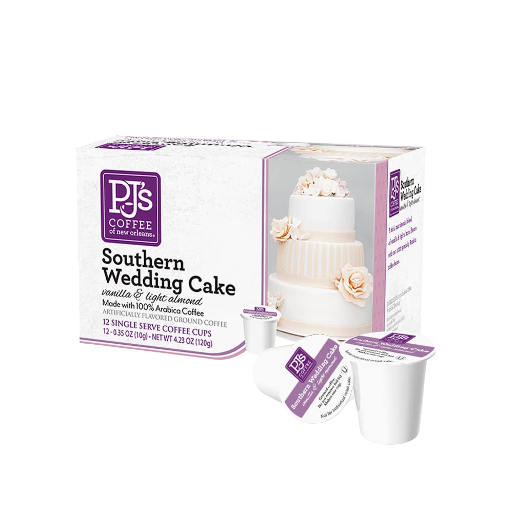 PJ's Coffee Wedding Cake single-serve cups packaging on shelf for convenient brewing