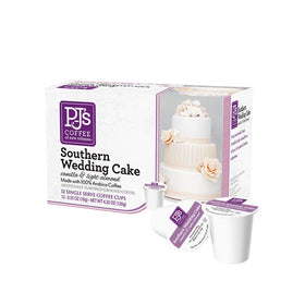 PJ's Coffee Wedding Cake single-serve cups packaging on shelf for convenient brewing
