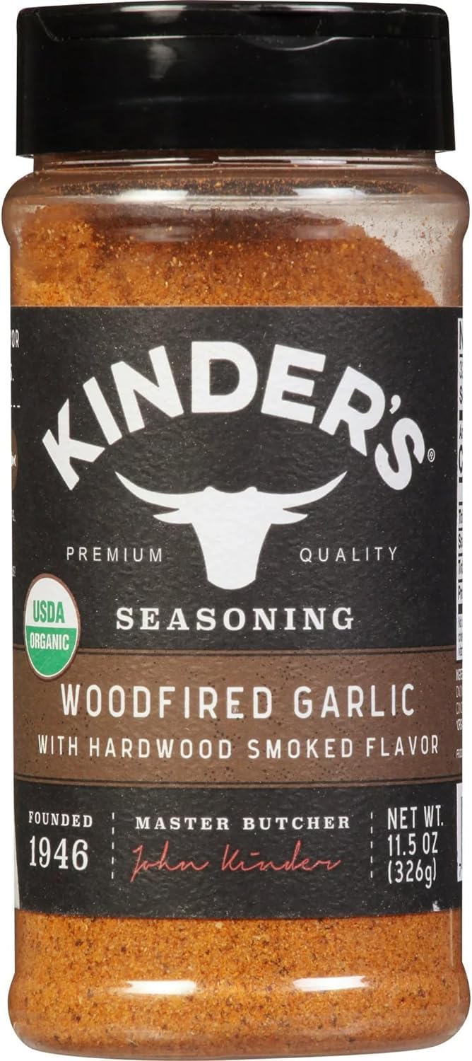 P.K. Kinder woodfired garlic seasoning jar shows smoky flavor for beef and chicken