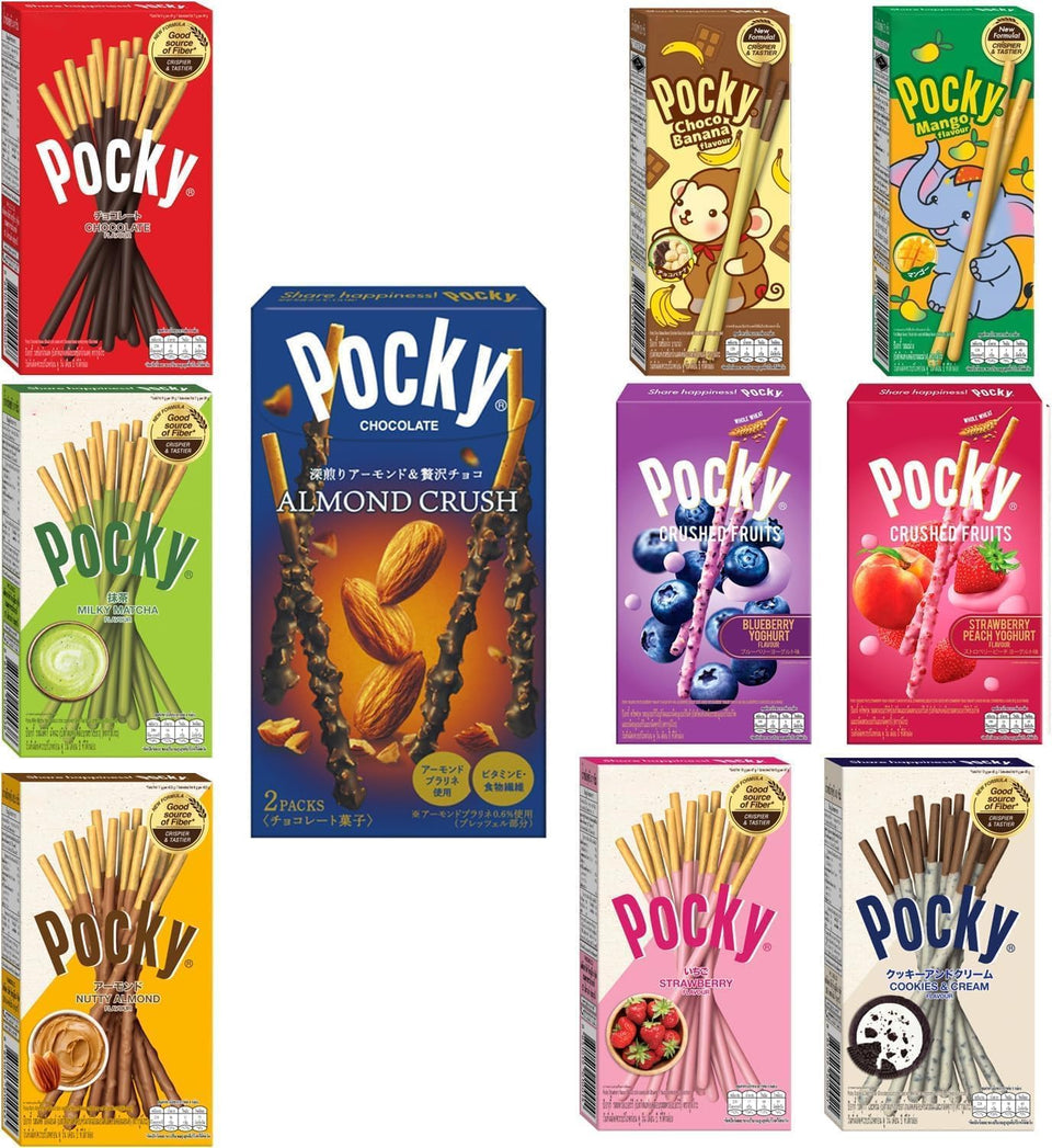 Planet Allstars Pocky variety pack on display, 4 flavors for sharing.