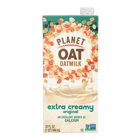 Planet Oat Oatmilk Extra Creamy bottle label front highlights dairy-free richness