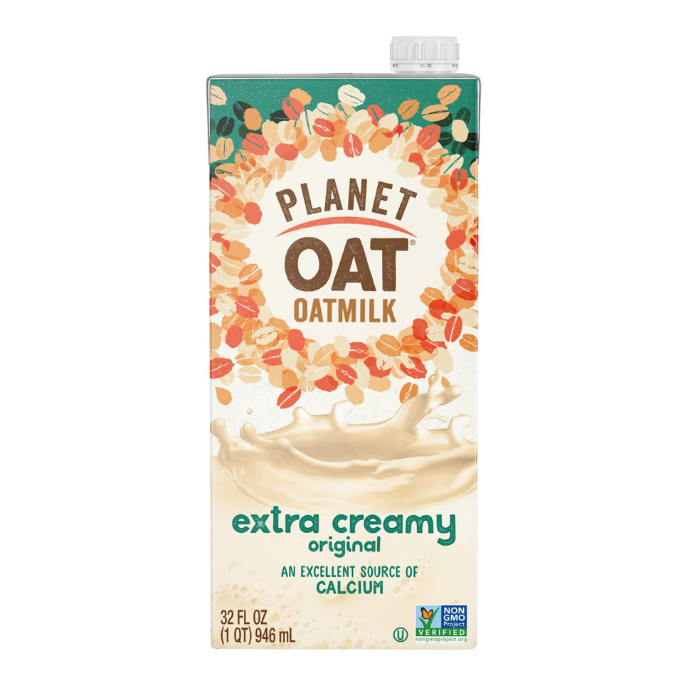 Planet Oat Oatmilk Extra Creamy bottle label front highlights dairy-free richness