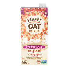 Planet Oat Unsweetened Original bottle pouring into a glass for coffee
