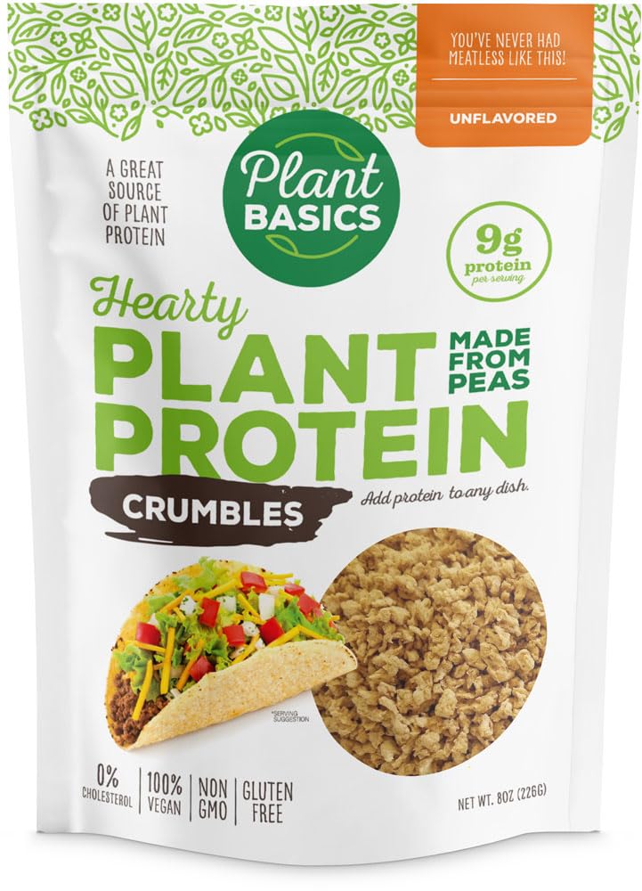 Plant Basics Hearty Plant Protein Crumbles pack for versatile vegan meals.