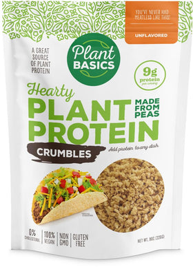 Plant Basics Hearty Plant Protein Crumbles pack for versatile vegan meals.