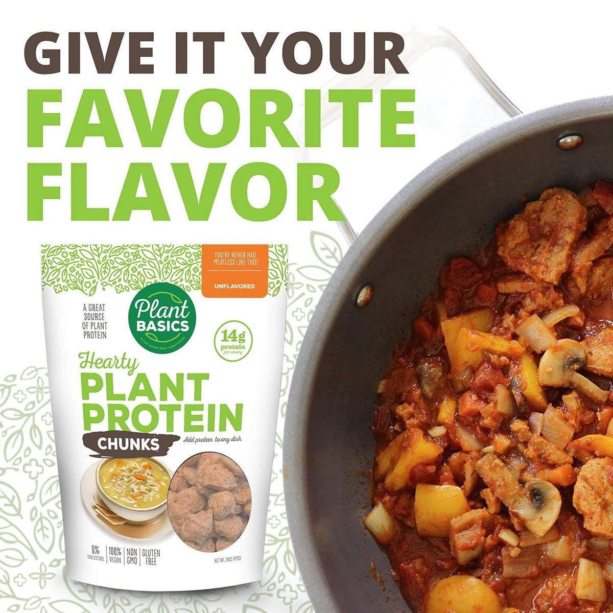Plant Basics low-fat, low-sodium protein chunks ideal for balanced vegan meals.