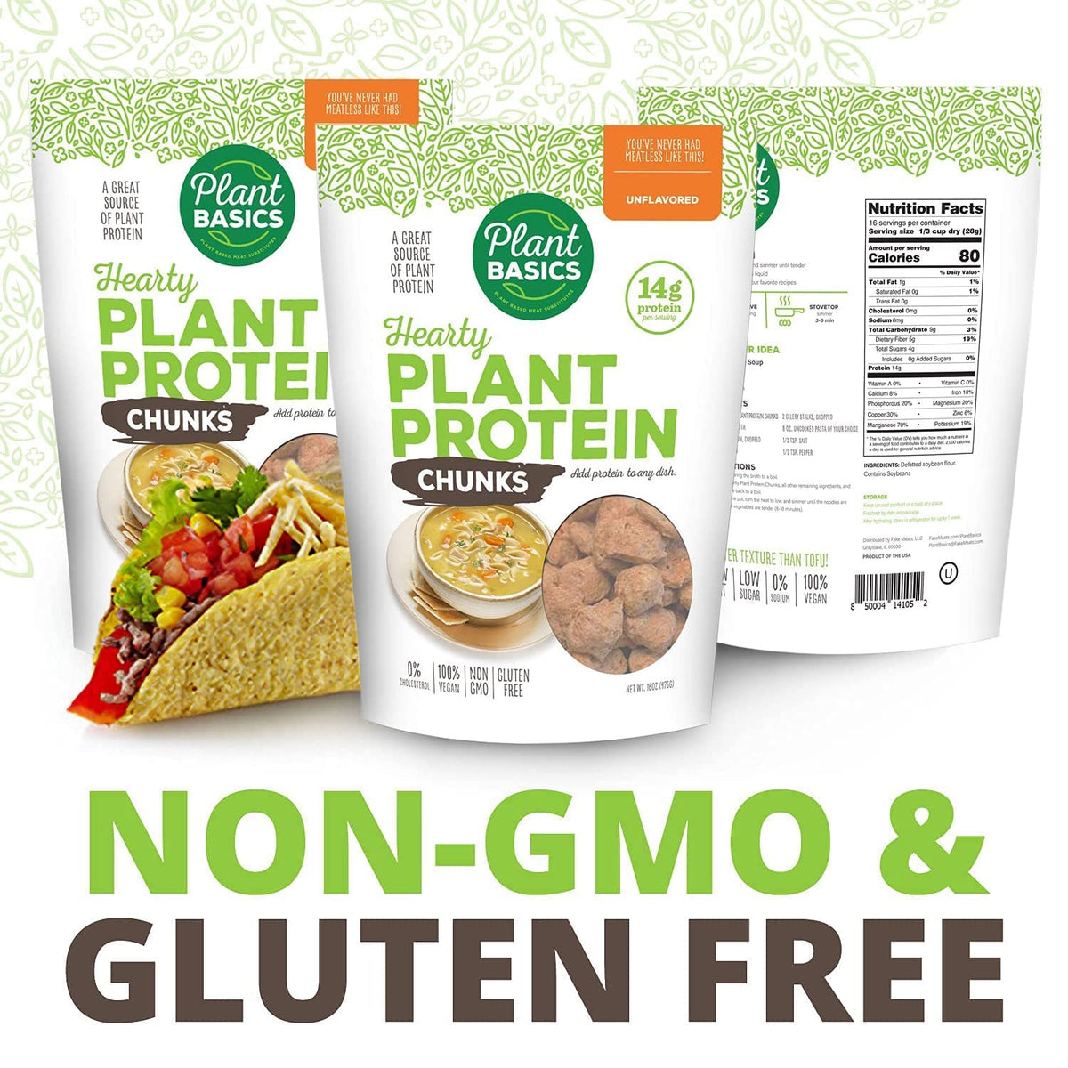 Plant Basics non-GMO gluten-free vegan meat substitute suitable for clean eating.