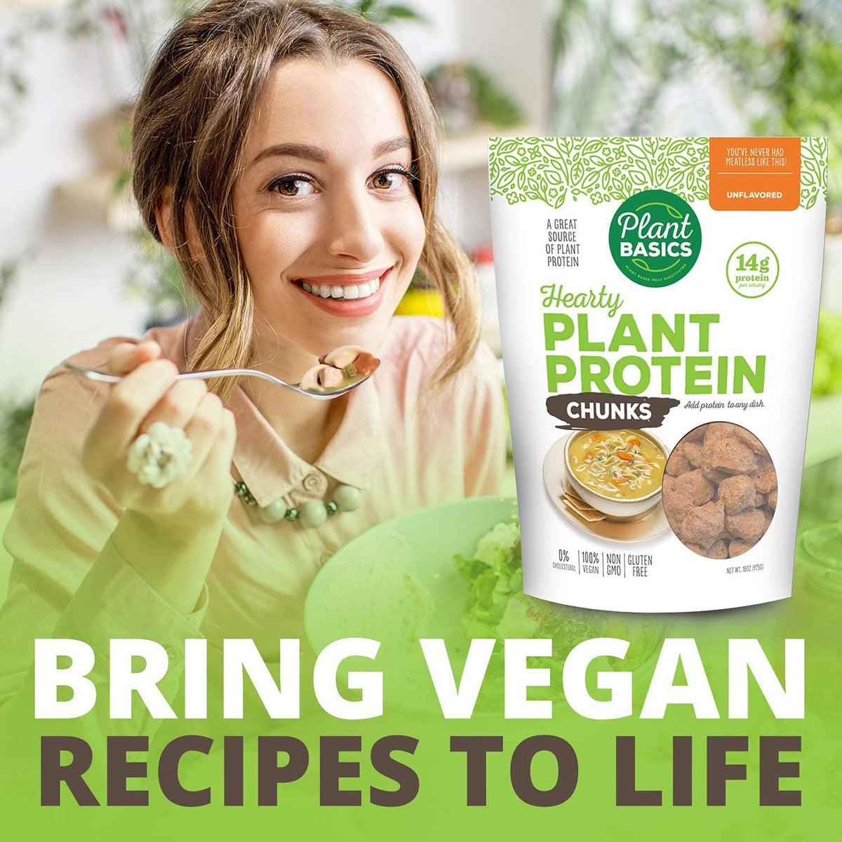 Plant Basics protein-packed vegan chunks perfect for tacos, fajitas, and chili.