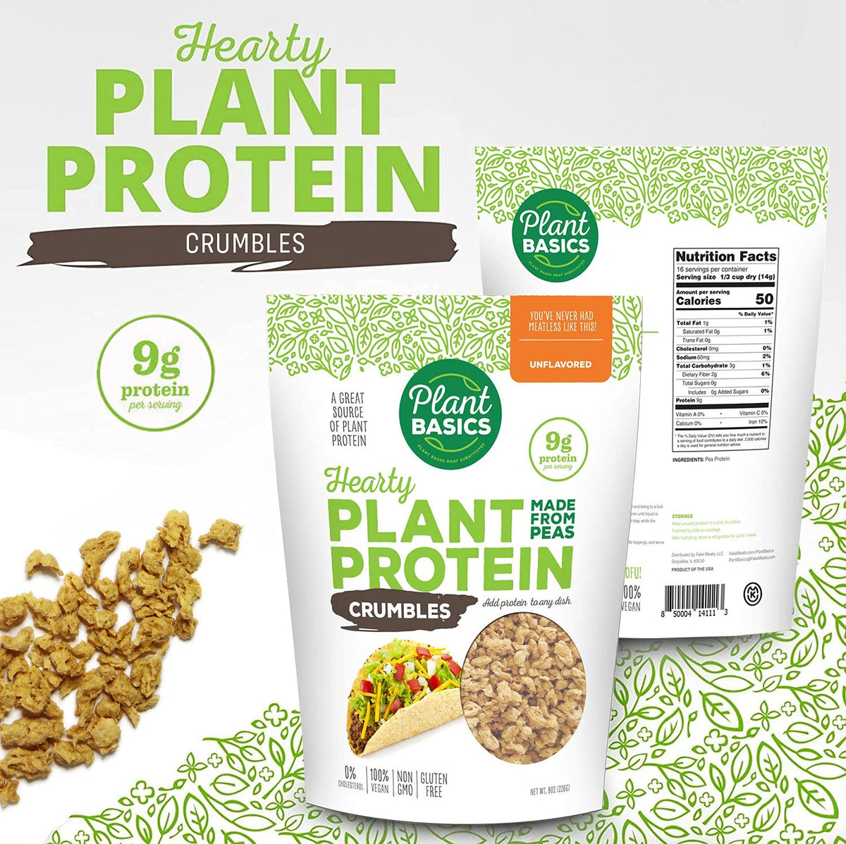 Plant Basics Unflavored Crumbles in pan ready for your favorite seasonings.